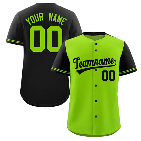 Custom Neon Green Black Color Block Personalized Raglan Sleeves Authentic Baseball Jersey