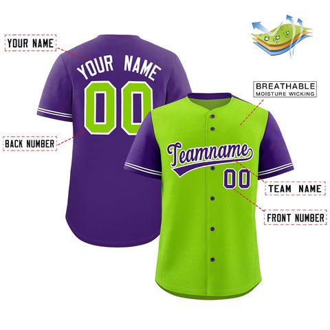 Custom Neon Green Purple Color Block Personalized Raglan Sleeves Authentic Baseball Jersey