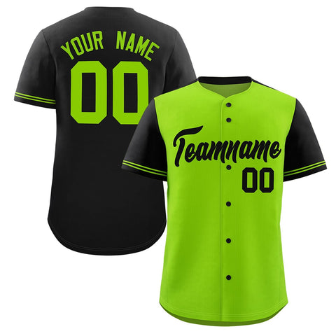 Custom Neon Green Black Color Block Personalized Raglan Sleeves Authentic Baseball Jersey
