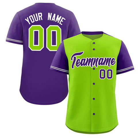 Custom Neon Green Purple Color Block Personalized Raglan Sleeves Authentic Baseball Jersey