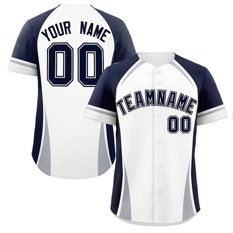 Custom White Navy-Gray Personalized Color Block Authentic Baseball Jersey