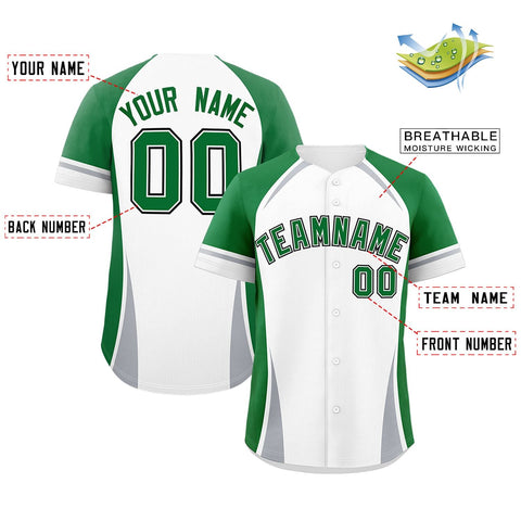 Custom White Kelly Green-Gray Personalized Color Block Authentic Baseball Jersey