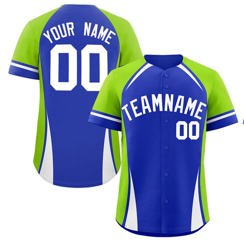 Custom Royal Neon Green-White Personalized Color Block Authentic Baseball Jersey