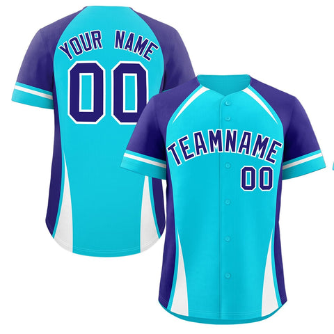 Custom Sky Blue Violet-White Personalized Color Block Authentic Baseball Jersey