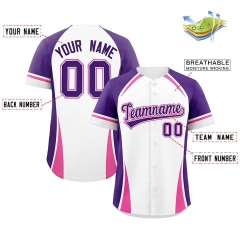 Custom White Purple-Pink Personalized Color Block Authentic Baseball Jersey