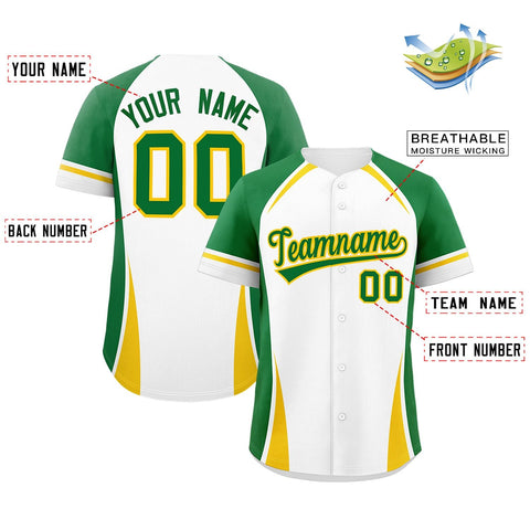 Custom White Kelly Green-Gold Personalized Color Block Authentic Baseball Jersey