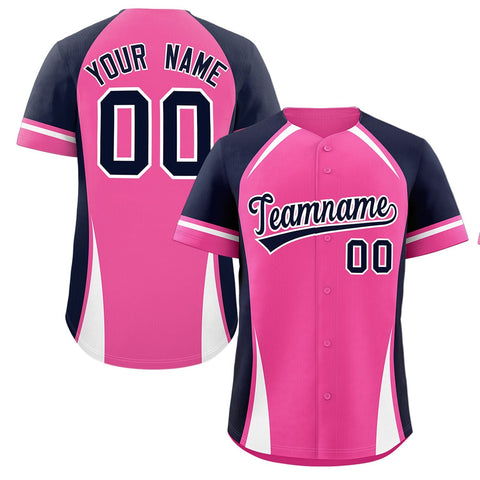 Custom Pink Navy-White Personalized Color Block Authentic Baseball Jersey