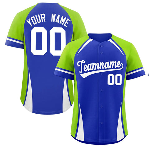 Custom Royal Neon Green-White Personalized Color Block Authentic Baseball Jersey