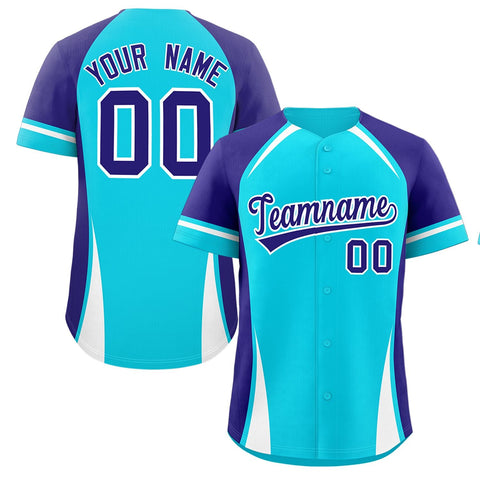 Custom Sky Blue Violet-White Personalized Color Block Authentic Baseball Jersey