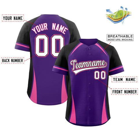 Custom Purple Black-Pink Personalized Color Block Authentic Baseball Jersey