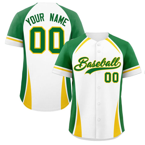 Custom White Kelly Green-Gold Personalized Color Block Authentic Baseball Jersey