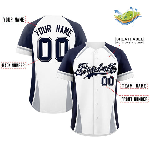 Custom White Navy-Gray Personalized Color Block Authentic Baseball Jersey