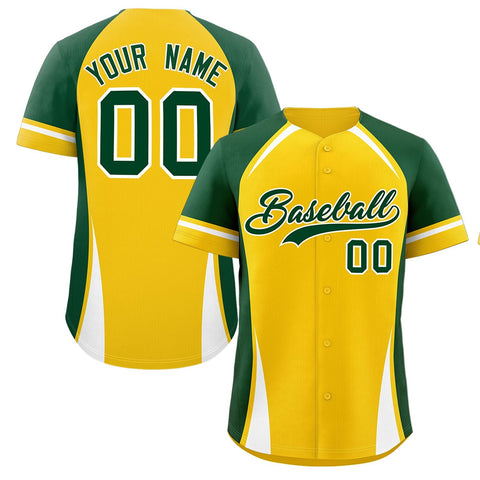 Custom Gold Green-White Personalized Color Block Authentic Baseball Jersey