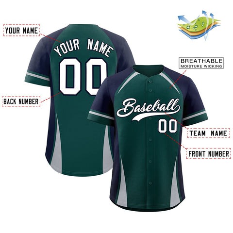 Custom Midnight Green Navy-Gray Personalized Color Block Authentic Baseball Jersey
