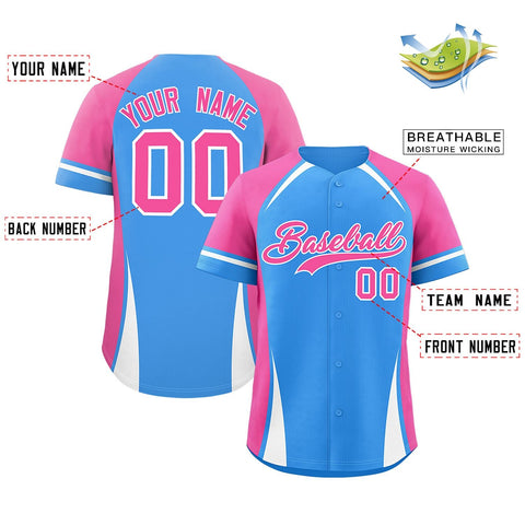 Custom Powder Blue Pink-White Personalized Color Block Authentic Baseball Jersey