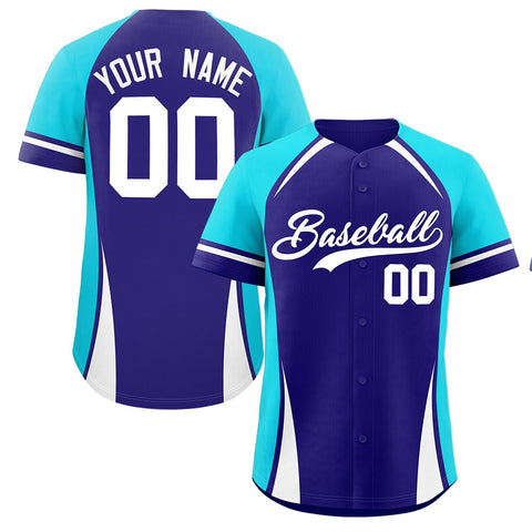 Custom Violet Sky Blue-White Personalized Color Block Authentic Baseball Jersey