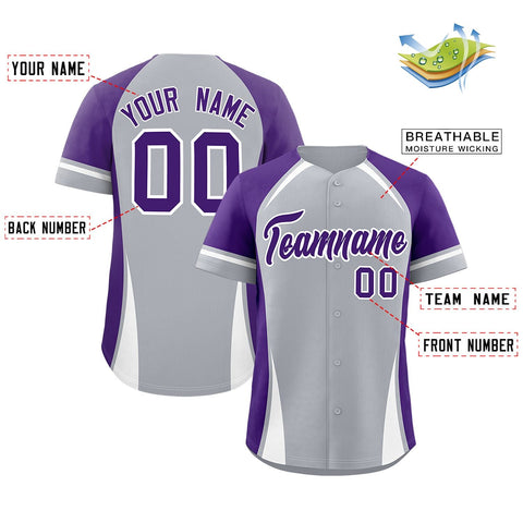 Custom Gray Purple-White Personalized Color Block Authentic Baseball Jersey