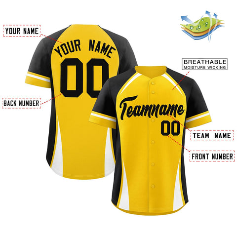 Custom Gold Black-White Personalized Color Block Authentic Baseball Jersey