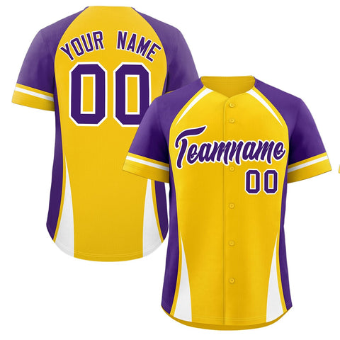 Custom Gold Purple-White Personalized Color Block Authentic Baseball Jersey