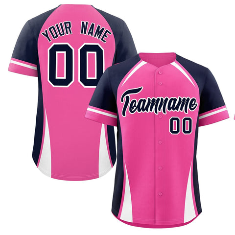 Custom Pink Navy-White Personalized Color Block Authentic Baseball Jersey