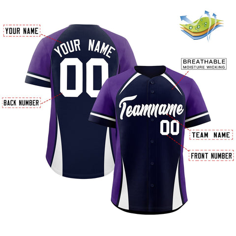 Custom Navy Purple-White Personalized Color Block Authentic Baseball Jersey
