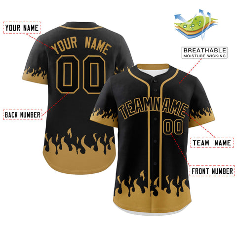Custom Black Old Gold Personalized Flame Graffiti Pattern Authentic Baseball Jersey