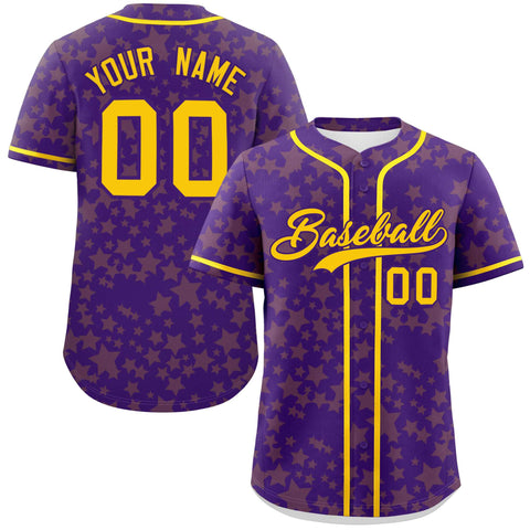 Custom Purple Gold Personalized Star Graffiti Pattern Authentic Baseball Jersey