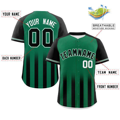 Custom Kelly Green Black Raglan Sleeves Gradient Thick Stripe Authentic Baseball Jersey