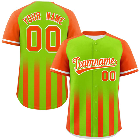 Custom Neon Green Orange Raglan Sleeves Gradient Thick Stripe Authentic Baseball Jersey