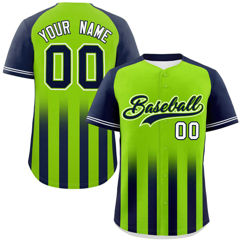 Custom Neon Green Navy Raglan Sleeves Gradient Thick Stripe Authentic Baseball Jersey