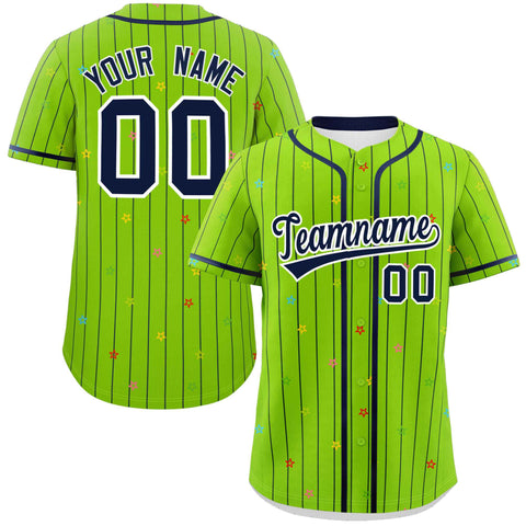 Custom Neon Green Navy Stripe Fashion Personalized Star Pattern Authentic Baseball Jersey