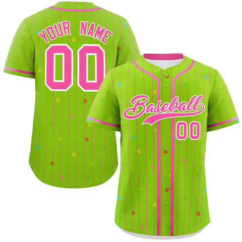Custom Neon Green Pink Stripe Fashion Personalized Star Pattern Authentic Baseball Jersey