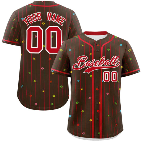 Custom Brown Red Stripe Fashion Personalized Star Pattern Authentic Baseball Jersey