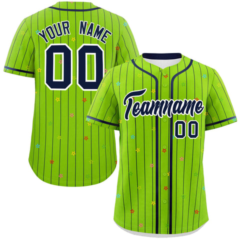 Custom Neon Green Navy Stripe Fashion Personalized Star Pattern Authentic Baseball Jersey