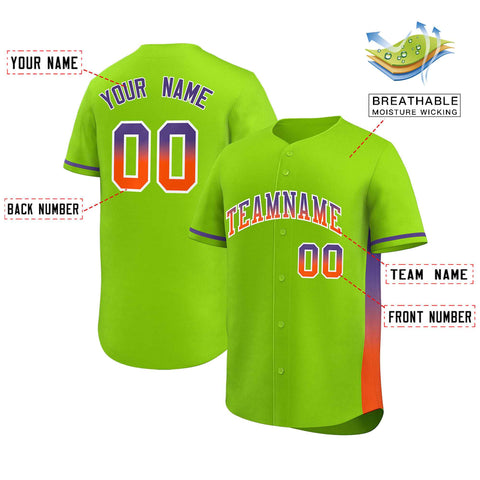 Custom Neon Green Purple-Orange Personalized Gradient Font And Side Design Authentic Baseball Jersey