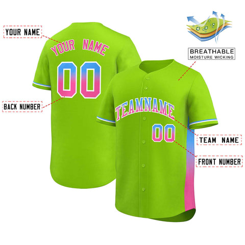 Custom Neon Green Powder Blue-Pink Personalized Gradient Font And Side Design Authentic Baseball Jersey