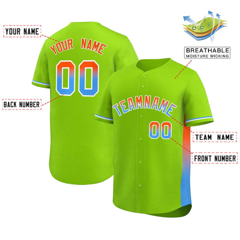 Custom Neon Green Orange-Powder Blue Personalized Gradient Font And Side Design Authentic Baseball Jersey