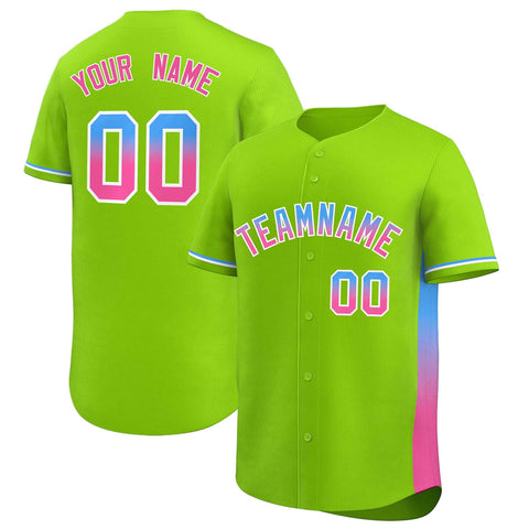 Custom Neon Green Powder Blue-Pink Personalized Gradient Font And Side Design Authentic Baseball Jersey