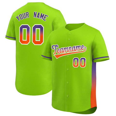 Custom Neon Green Purple-Orange Personalized Gradient Font And Side Design Authentic Baseball Jersey