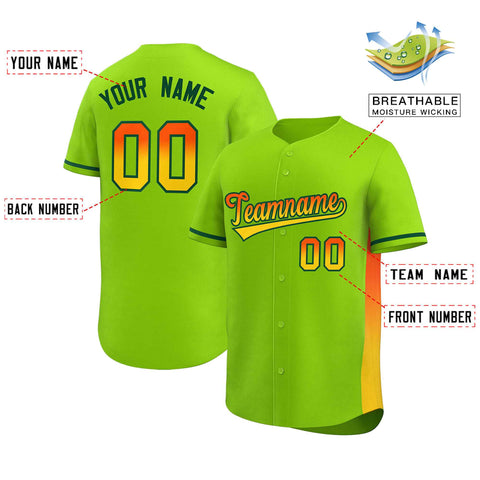 Custom Neon Green Orange-Gold Personalized Gradient Font And Side Design Authentic Baseball Jersey