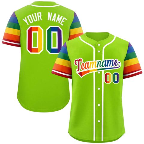 Custom Neon Green LGBT Rainbow For Pride Month Raglan Sleeves Authentic Baseball Jersey