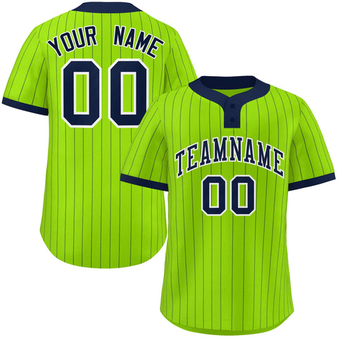 Custom Neon Green Navy Stripe Fashion Authentic Two-Button Baseball Jersey