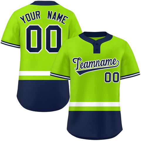 Custom Neon Green White-Navy Color Block Personalized Authentic Two-Button Baseball Jersey