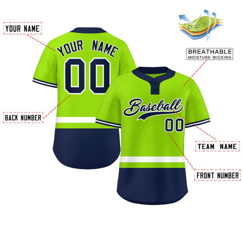 Custom Neon Green White-Navy Color Block Personalized Authentic Two-Button Baseball Jersey