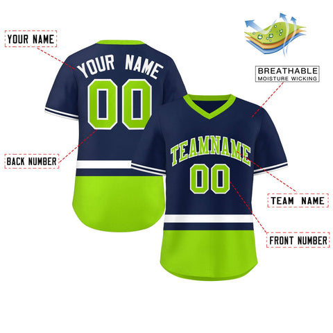 Custom Navy White-Neon Green Color Block Personalized V-Neck Authentic Pullover Baseball Jersey
