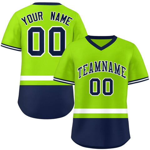 Custom Neon Green White-Navy Color Block Personalized V-Neck Authentic Pullover Baseball Jersey