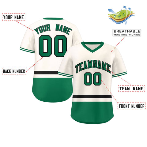 Custom Cream Black-Kelly Green Color Block Personalized V-Neck Authentic Pullover Baseball Jersey