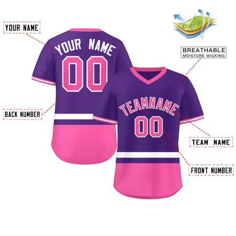 Custom Purple White-Pink Color Block Personalized V-Neck Authentic Pullover Baseball Jersey