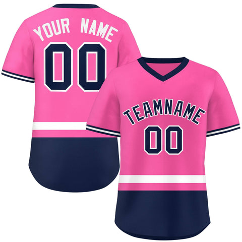 Custom Pink White-Navy Color Block Personalized V-Neck Authentic Pullover Baseball Jersey