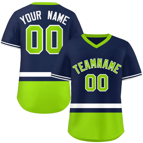 Custom Navy White-Neon Green Color Block Personalized V-Neck Authentic Pullover Baseball Jersey